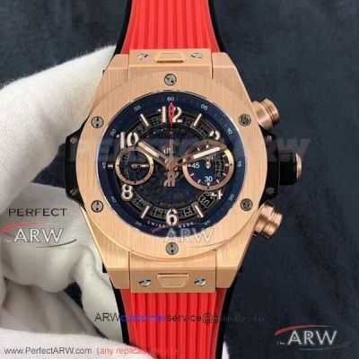 HB Factory Hublot Big Bang Unico King Gold 45 MM Red Rubber Strap Copy HUB1241 Unico Watch 411.OX.1180